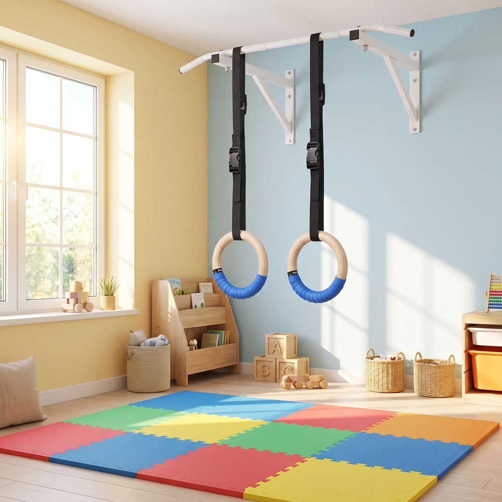 Adjustable Wooden Gymnastic Rings for Kids 25mm Gym Rings with Adjustable Straps and Buckles Indoor Home Playground Fitness Pull Up Rings for Children