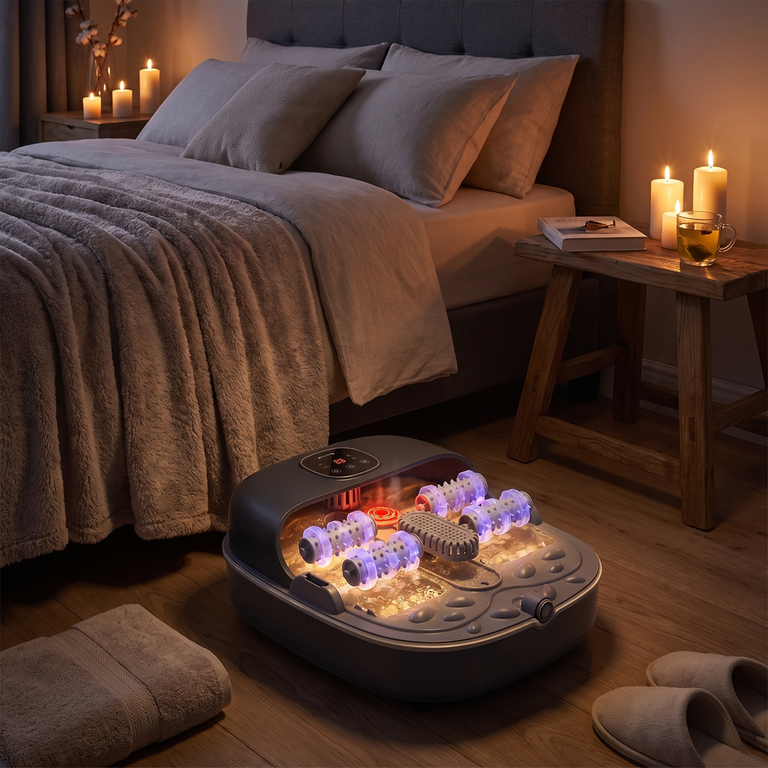 Collapsible Foot Spa Bath with Heat Bubbles Temperature Control Foot Massager Foldable Foot Soak Basin with Side Supports Leakage Protector Home Recovery Relaxation