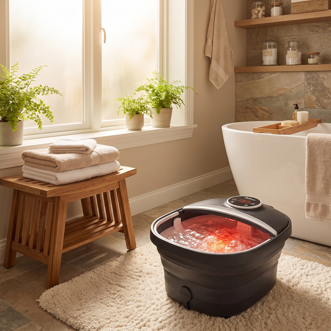 Collapsible Foot Spa Bath with Heat Bubbles Temperature Control Foot Massager Foldable Foot Soak Basin with Side Supports Leakage Protector Home Recovery Relaxation