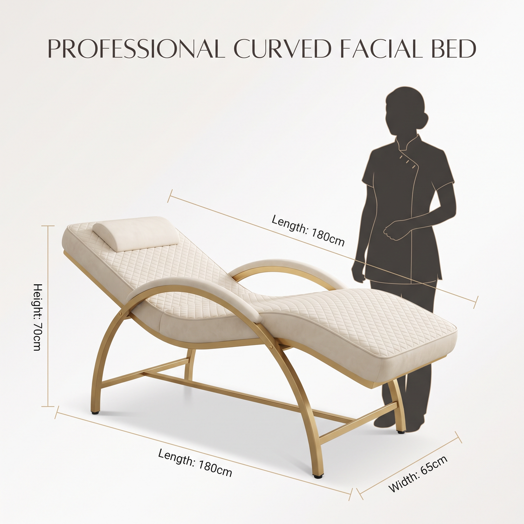 Professional Curved Reclining Facial Bed Adjustable Massage Treatment Table Beauty Salon Spa Lash Tattoo Microblading Cosmetic Bed Gold Cross Base