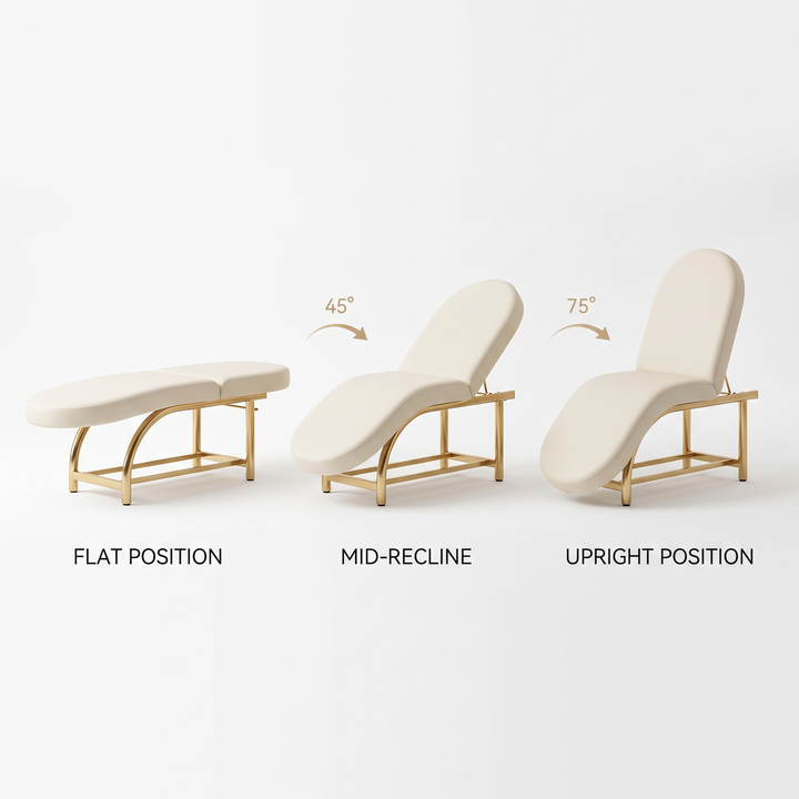Professional Curved Reclining Facial Bed Adjustable Massage Treatment Table Beauty Salon Spa Lash Tattoo Microblading Cosmetic Bed Gold Cross Base