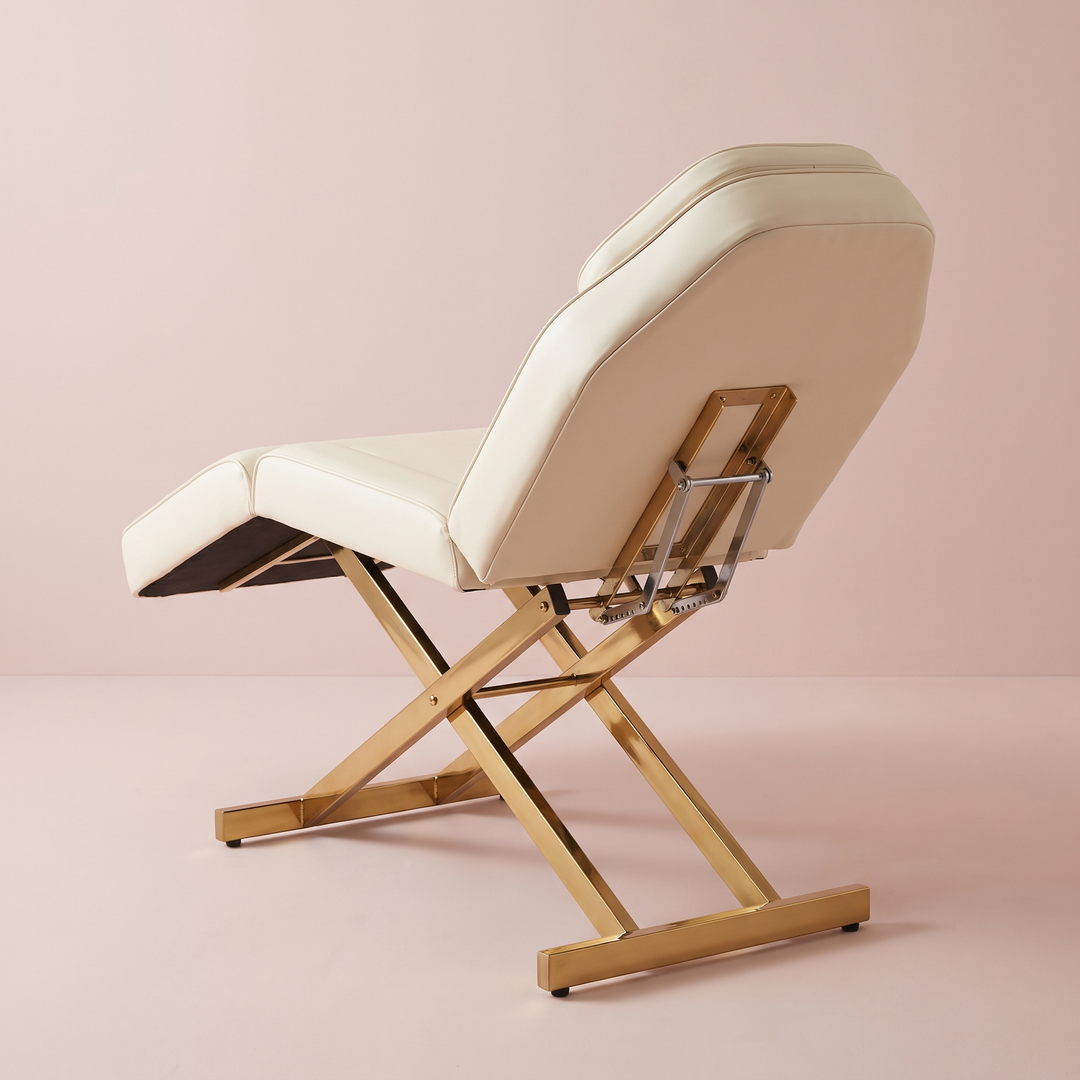 Professional Curved Reclining Facial Bed Adjustable Massage Treatment Table Beauty Salon Spa Lash Tattoo Microblading Cosmetic Bed Gold Cross Base