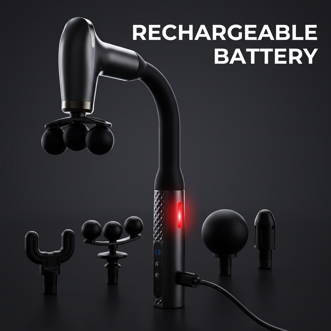 Professional Electric Massage Gun Long Bent Handle Deep Tissue Muscle Massager Rechargeable Percussion Massager for Back Neck Shoulders Muscle Relief Home Gym Recovery