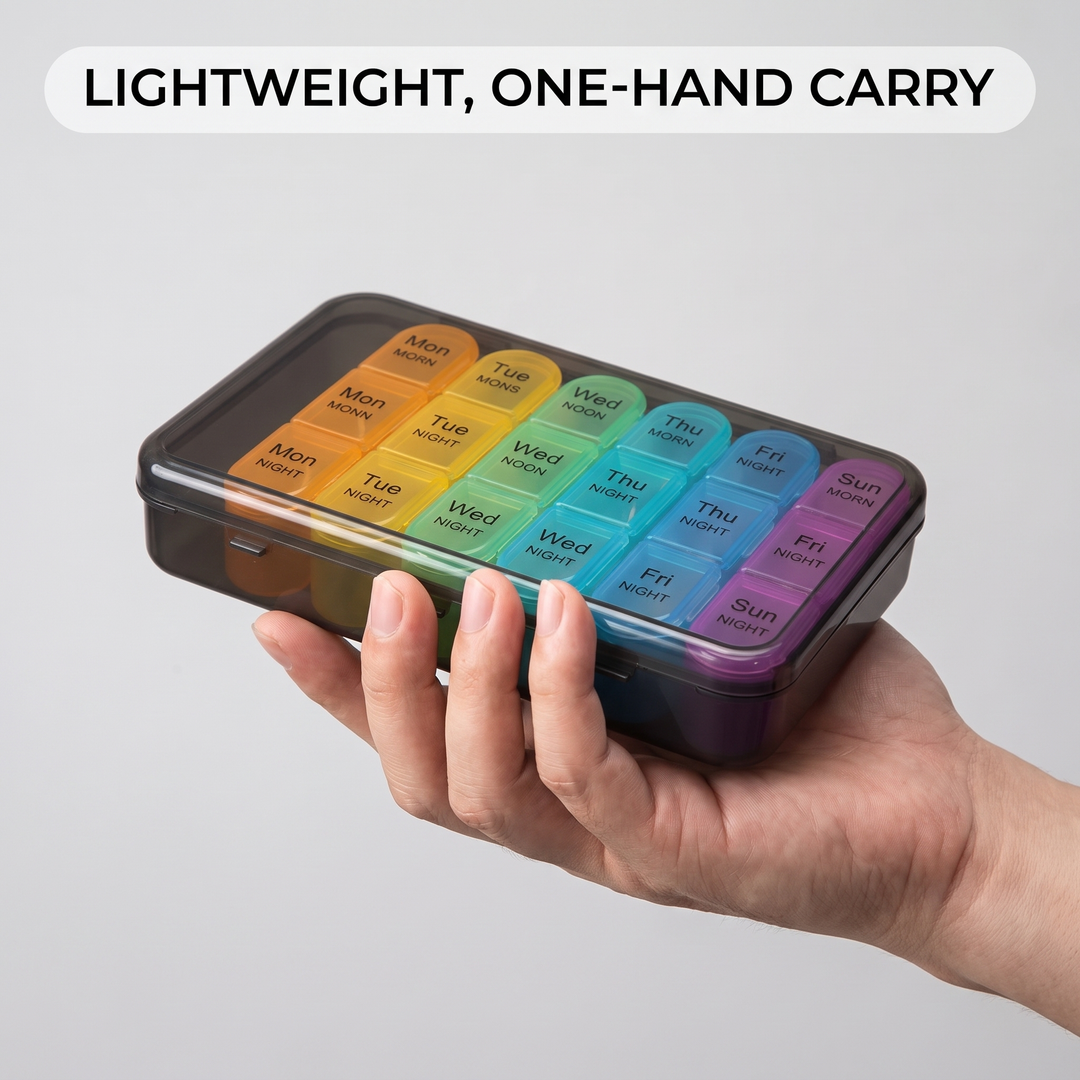 Professional Weekly Pill Organizer 7 Day 4 Times Daily Large Travel Pill Case 21 Compartment Medicine Vitamin Box Daily Pill Organiser for Home Travel Use